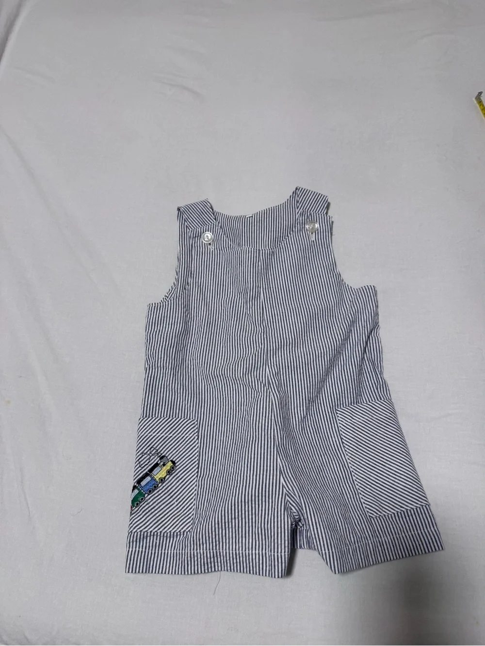 Striped Blue & White Kids Romper Vintage Overall Kids Size 3T / 4  1980s train